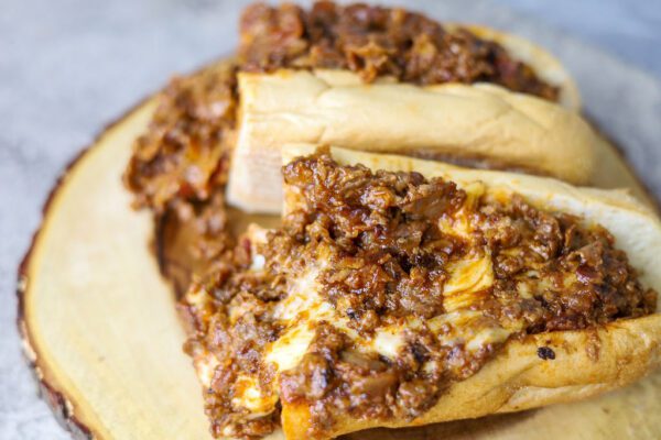 BBQ Bacon Cheese steak sandwich closeup