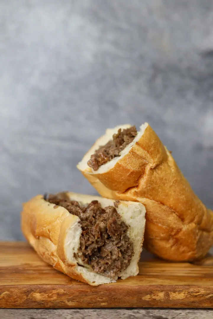 closeup shot of Cheesesteak sandwiches