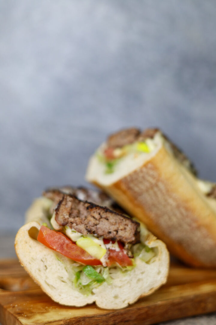 closeup shot of cheeseburger sub