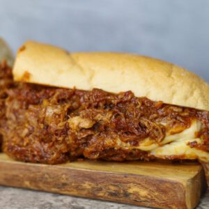 closeup of BBQ Pulled Pork Sandwich