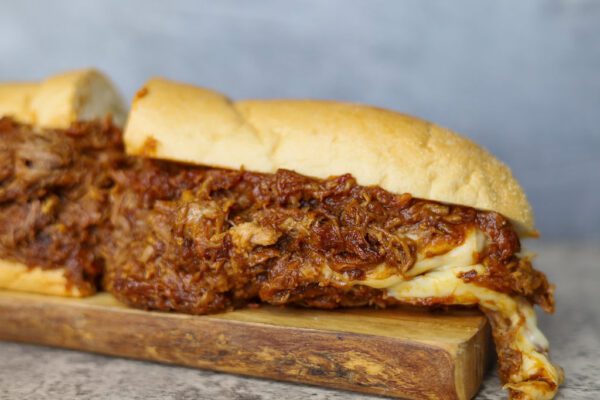 closeup of BBQ Pulled Pork Sandwich